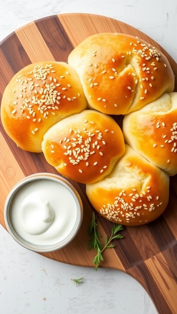 Golden brown Turkish yogurt bread discs topped with sesame seeds on a wooden board, with a bowl of yogurt dip.